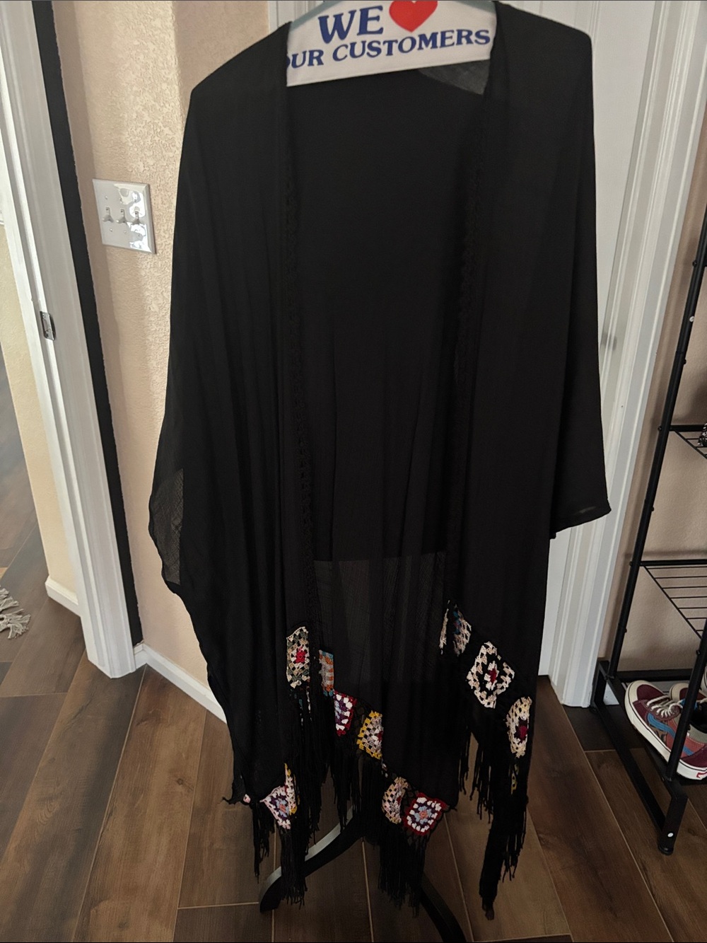 Black Fringe Kimono with Colorful Embroidered Patch Accents